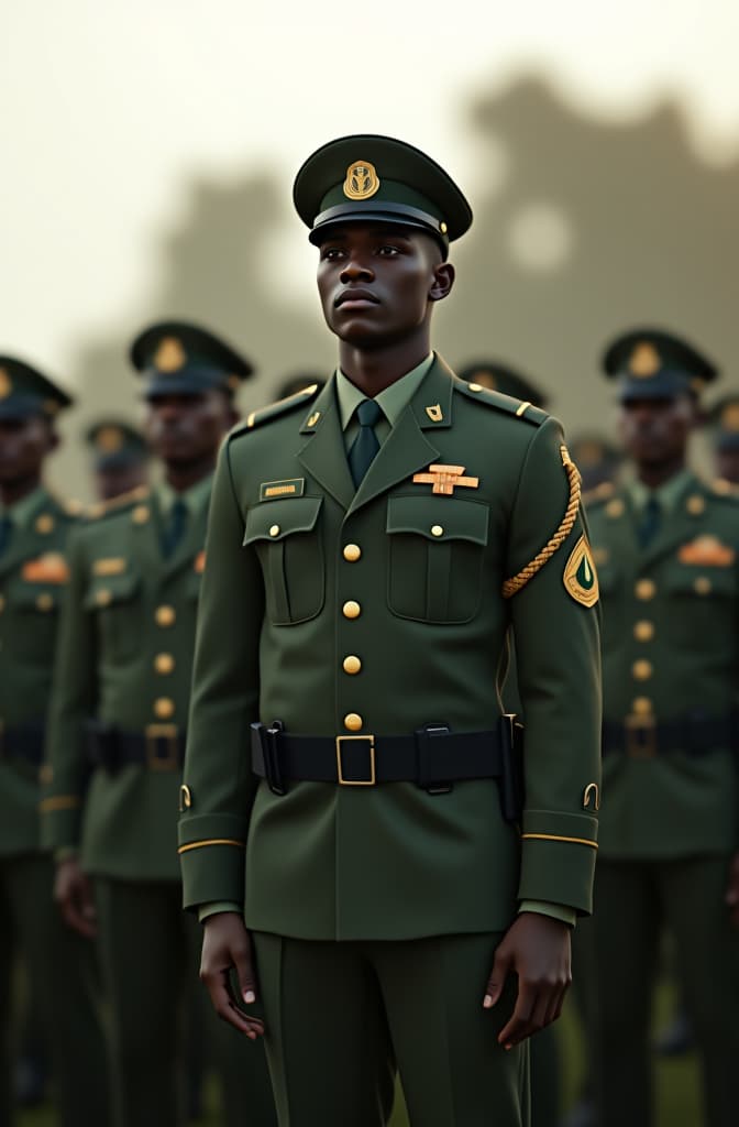  generate an animated image of nigerian army soldiers neatly dressed and standing at attention hyperrealistic, full body, detailed clothing, highly detailed, cinematic lighting, stunningly beautiful, intricate, sharp focus, f/1. 8, 85mm, (centered image composition), (professionally color graded), ((bright soft diffused light)), volumetric fog, trending on instagram, trending on tumblr, HDR 4K, 8K