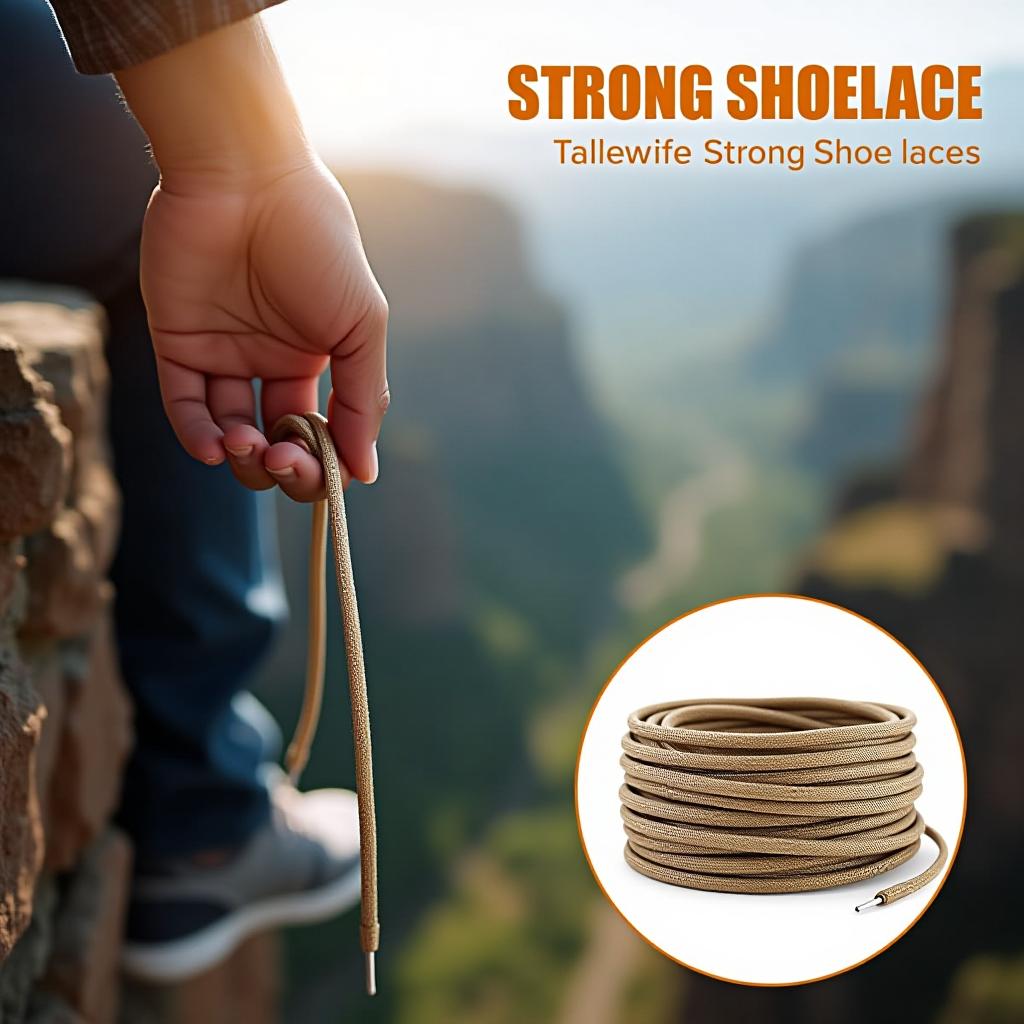  a person is hanging over a cliff, holding onto a shoelace with their hand, with a close up of an advertisement for strong shoelaces.