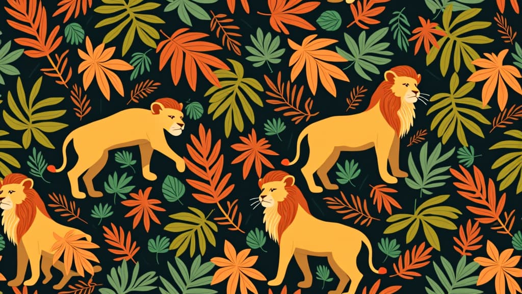  abstract seamless tile african themed pattern of a lions in amongst a background of leaves.