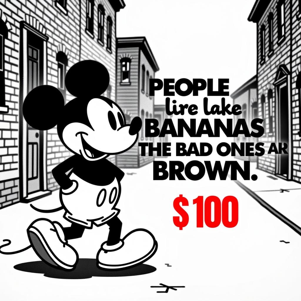  the image is a black and white, vintage style illustration that appears to be a reference to old animation, specifically in the style of early 20th century cartoons. the character in the image strongly resembles a famous animated mouse mickey mouse, depicted walking happily down a street lined with brick buildings. overlaid on the image is a bold, white text with a black outline that reads: "people are like bananas the bad ones are brown" next to this text, there are two red "100" emoji symbols, emphasizing the statement. the image has a humorous tone, playing on the comparison between people and bananas, implying that "bad" people are like overripe, brown bananas. the use of a well known cartoon character and the nostalgic animation style 