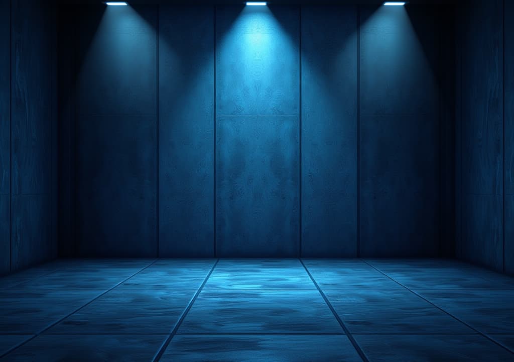  empty dark blue studio background and grey floor concrete perspective with blue soft light well editing floor display product and text present on wall room empty free space black cement backdrop photo, high quality, high details, hd, perfect composition, 4k epic detailed, highly detailed, sharp focus, high resolution