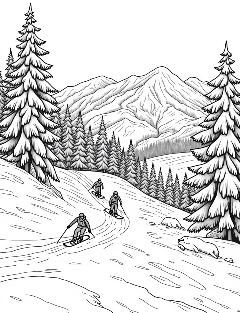  this is for an adult coloring page. a detailed black and white line art of a snowy winter sports scene with snowboarders on a snowy slope on a solid white background.