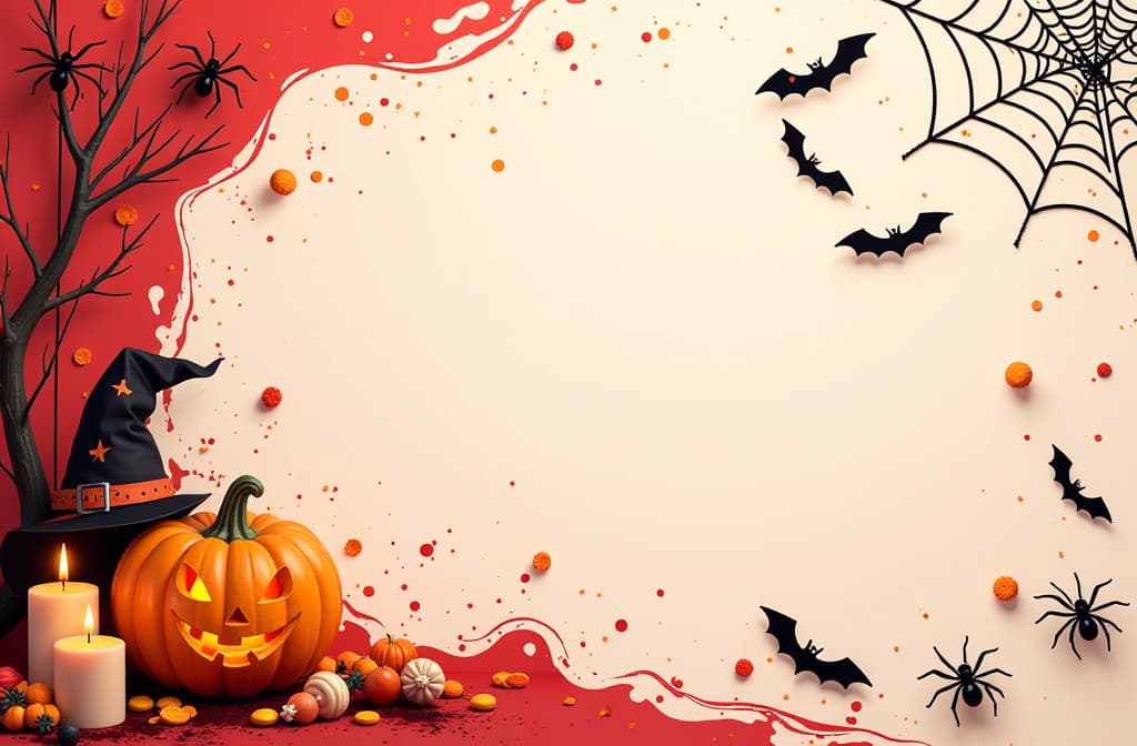  on the left is free space for text, on the right are black spiders, web, bats, pumpkin, witch hat, candy, candles, halloween holiday, red, orange, black and white background ar 3:2 {prompt}, maximum details