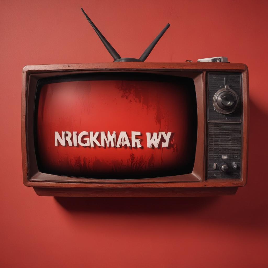 Profile photo of a horror channel with the name written correctly without spelling mistakes "Nightmare TV" Red background No character Retro style