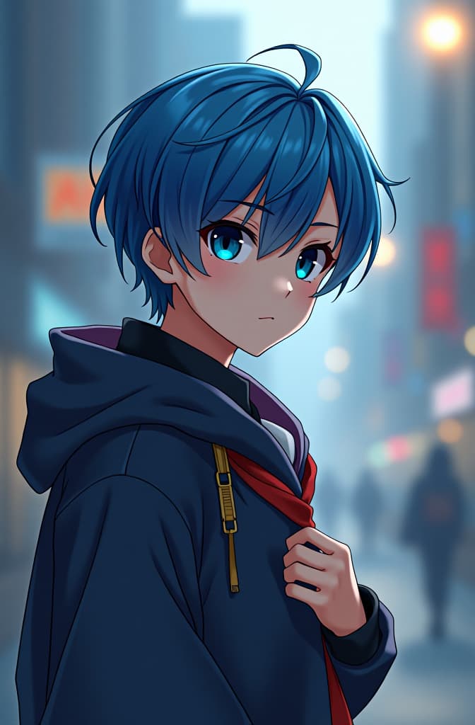  anime, blue hair, boy, pofolio hyperrealistic, full body, detailed clothing, highly detailed, cinematic lighting, stunningly beautiful, intricate, sharp focus, f/1. 8, 85mm, (centered image composition), (professionally color graded), ((bright soft diffused light)), volumetric fog, trending on instagram, trending on tumblr, HDR 4K, 8K