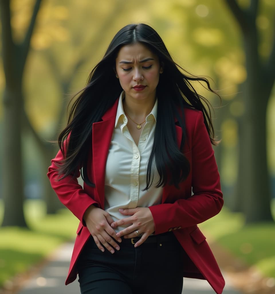  cinematic photo a young schoolteacher with long black hair feels a sharp stabbing pain in her side, one hand pressed to her side in her lower abdomen. scene in motion, running in the park, full height, side view. on the face of the grimace of pain and fatigue. she's dressed as harley quinn. high detail, dynamic scene, 4k . 35mm photograph, film, bokeh, professional, 4k, highly detailed