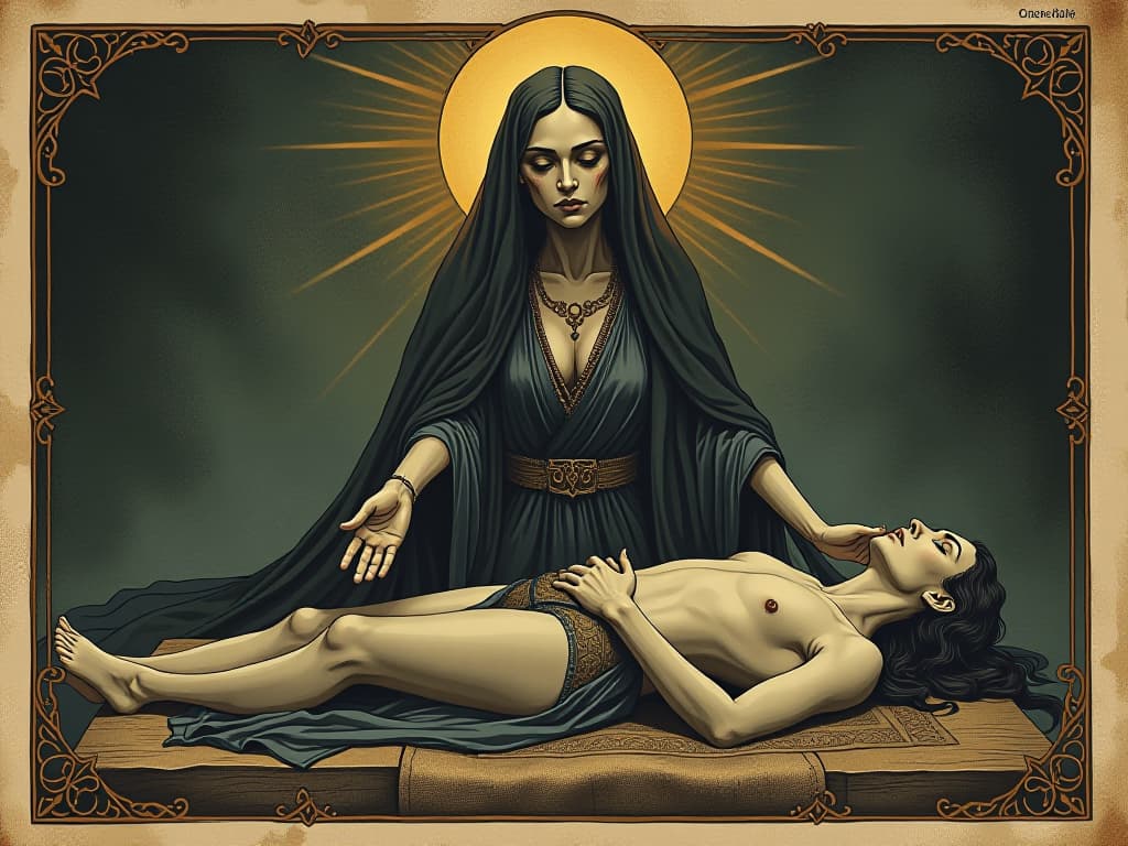  isis extending her hands over a figure lying on an altar, ancient healing ritual, serene expression, blend of earthly and divine an illustration in the style of a worn, mystical old tarot trump card, mysterious and elements of surrealism. the colors are muted, somber and eerie, but with contrast bring out an occult and esoteric vibe.