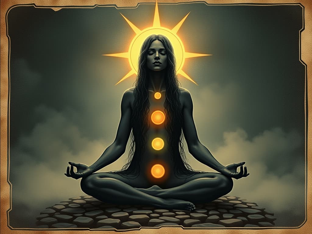  a figure meditating with chakras glowing, profound indicators of spiritual evolution, serene atmosphere, enlightened presence. an illustration in the style of a worn, mystical old tarot trump card, mysterious and elements of surrealism. the colors are muted, somber and eerie, but with contrast bring out an occult and esoteric vibe.