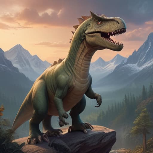 Draw a dino in Mythological style with Mountains background