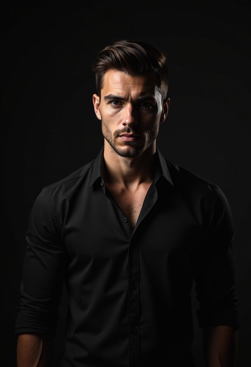  portrait of a handsome mysterious guy, close up, in a dark shirt, a pumped up body, half of whose face is in shadow, on a dark background and expresses thoughtfulness.the concept of male beauty