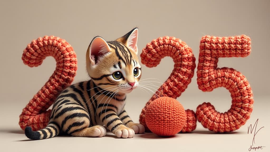  knitted number 2025, kitten playing with a ball {prompt}, maximum details