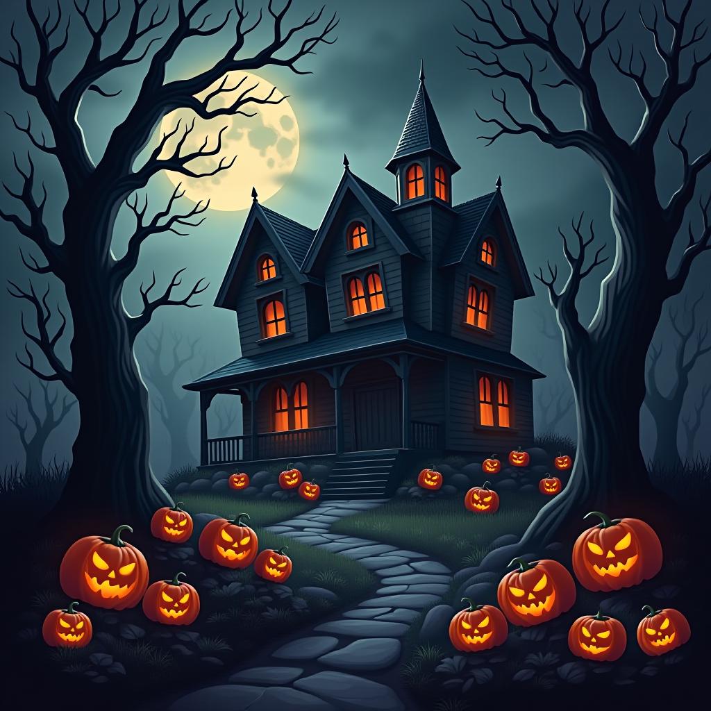  create a seamless digital painting of a spooky, halloween themed scene featuring a haunted house with gothic architecture. the house should be surrounded by twisted, gnarled trees and a multitude of jack o' lanterns. the scene should include a dark, cloudy sky to enhance the eerie atmosphere. the overall style should be detailed and atmospheric, capturing the essence of a haunted, creepy environment perfect for halloween, ensuring the design is seamless for use in repeating patterns or wraps.