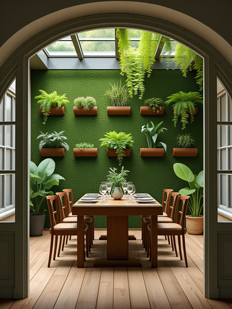  high quality portrait photo of a bright and airy farmhouse dining room with a striking wall of vertical garden planters filled with herbs and small plants, captured from the entrance to show the entire green wall hyperrealistic, full body, detailed clothing, highly detailed, cinematic lighting, stunningly beautiful, intricate, sharp focus, f/1. 8, 85mm, (centered image composition), (professionally color graded), ((bright soft diffused light)), volumetric fog, trending on instagram, trending on tumblr, HDR 4K, 8K