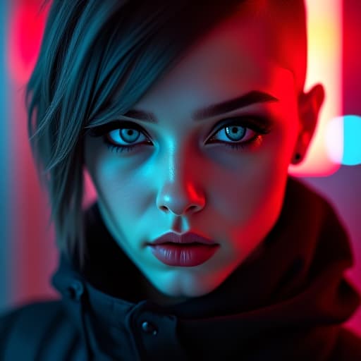  ultra realistic close up portrait ((beautiful pale cyberpunk female with heavy black eyeliner)), blue eyes, shaved side haircut, hyper detail, cinematic lighting, magic neon, dark red city, canon eos r3, nikon, f/1.4, iso 200, 1/160s, 8k, raw, unedited, symmetrical balance, in frame, 8k hyperrealistic, full body, detailed clothing, highly detailed, cinematic lighting, stunningly beautiful, intricate, sharp focus, f/1. 8, 85mm, (centered image composition), (professionally color graded), ((bright soft diffused light)), volumetric fog, trending on instagram, trending on tumblr, HDR 4K, 8K