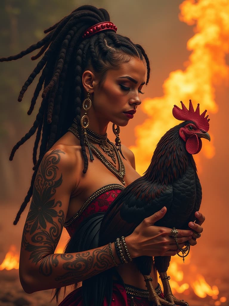  tribal style voodoo priestess, marie laveau, mulatto, beautiful, beautiful hairstyle with dreadlocks, dangerous, daring, voodoo attributes, holding a black rooster in her hands, a large fire is burning in the background, dark, grotesque, airbrushing, plus acrylic filling technique plus eyeliner, digital art, sequins, octane rendering, hdr . indigenous, ethnic, traditional patterns, bold, natural colors, highly detailed