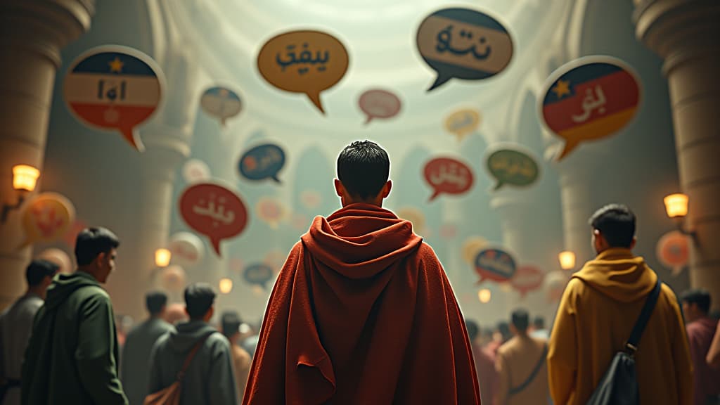  visual representation of the concept of 'multilingual confusion' in the context of the tower of babel, with speech bubbles in various scripts. hyperrealistic, full body, detailed clothing, highly detailed, cinematic lighting, stunningly beautiful, intricate, sharp focus, f/1. 8, 85mm, (centered image composition), (professionally color graded), ((bright soft diffused light)), volumetric fog, trending on instagram, trending on tumblr, HDR 4K, 8K