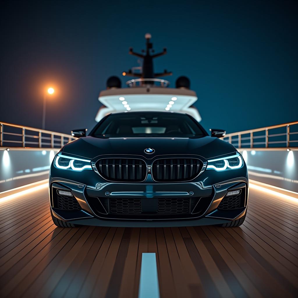  a bmw on the deck of a luxury yacht at night. hyperrealistic, full body, detailed clothing, highly detailed, cinematic lighting, stunningly beautiful, intricate, sharp focus, f/1. 8, 85mm, (centered image composition), (professionally color graded), ((bright soft diffused light)), volumetric fog, trending on instagram, trending on tumblr, HDR 4K, 8K