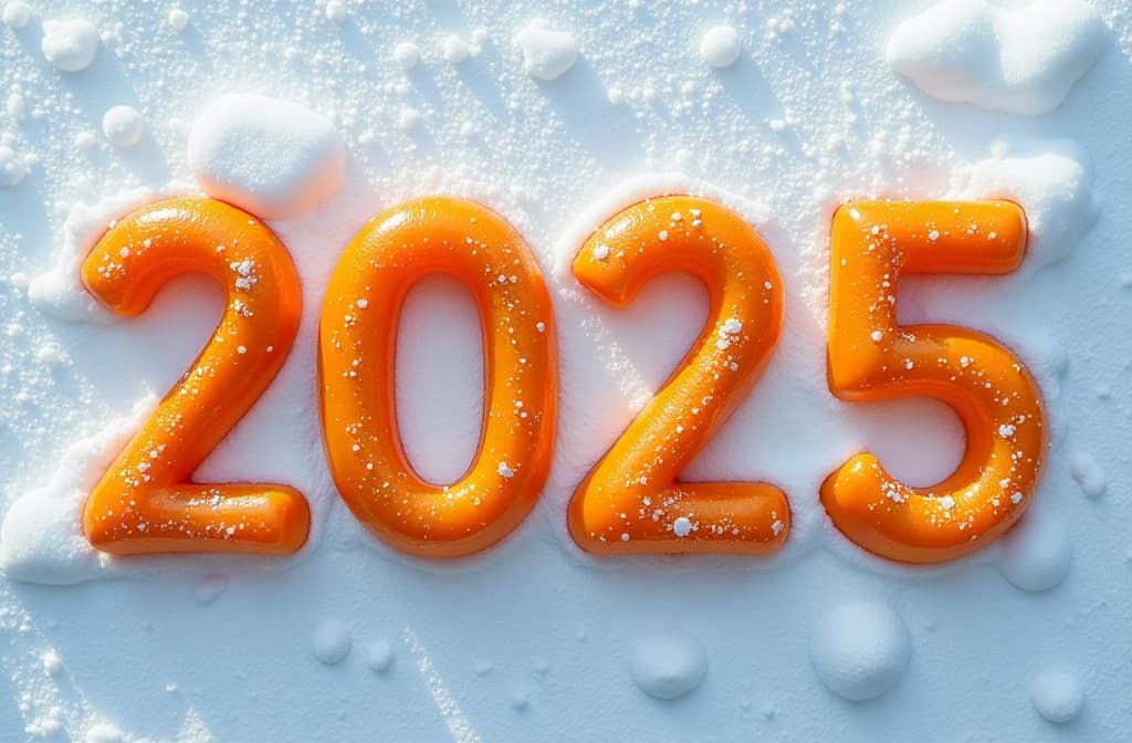  top view of the number 2025 made of tangerines on glittering snow, no whole number {prompt}, maximum details