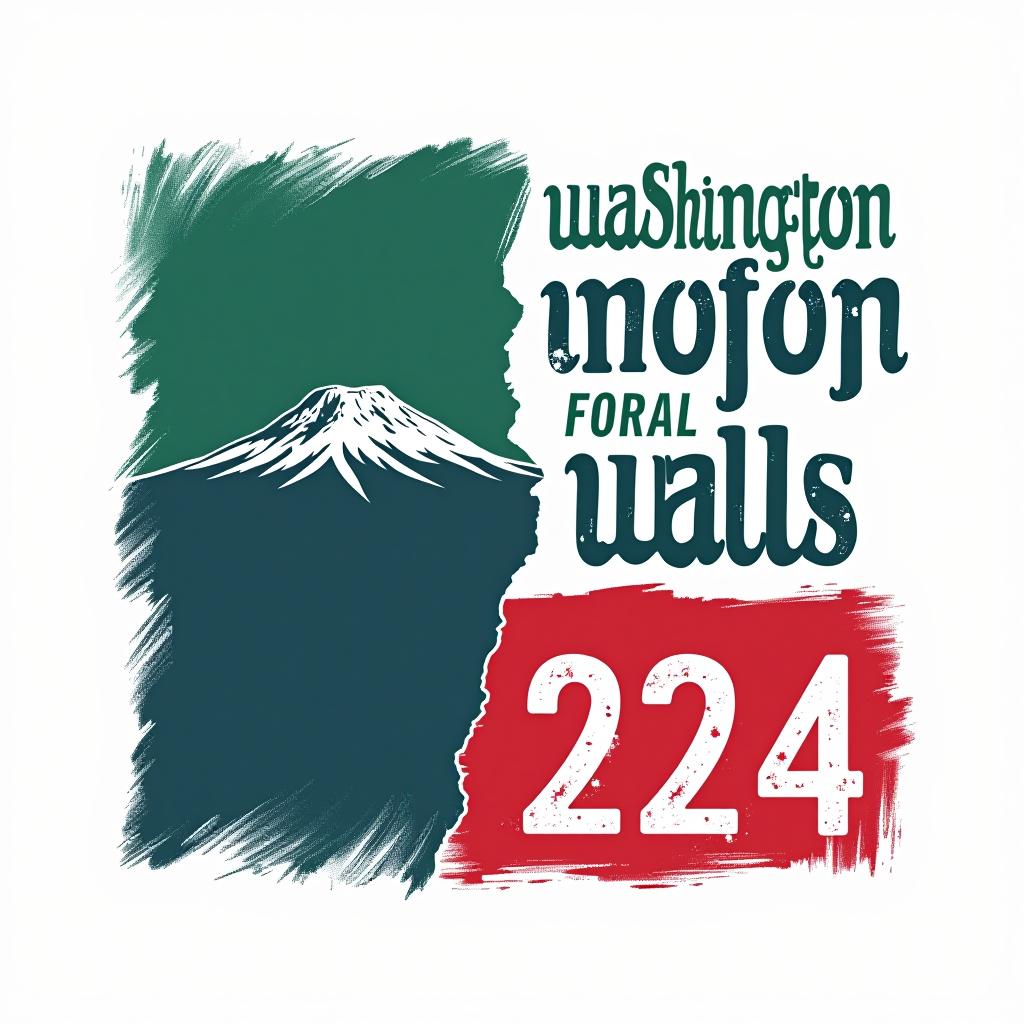  a tshirt design inspired by the washington state flag. the left side features a green vertical stripe with a large mountain in the center. the right side is divided into two horizontal sections: the top section is white with the text 'washington for' in bold, green, uppercase letters, and the bottom section is red with the text 'harris walz 2024' in bold, white, uppercase letters. the overall layout is clean and straightforward, with a clear and patriotic color scheme of blue, white, and red.