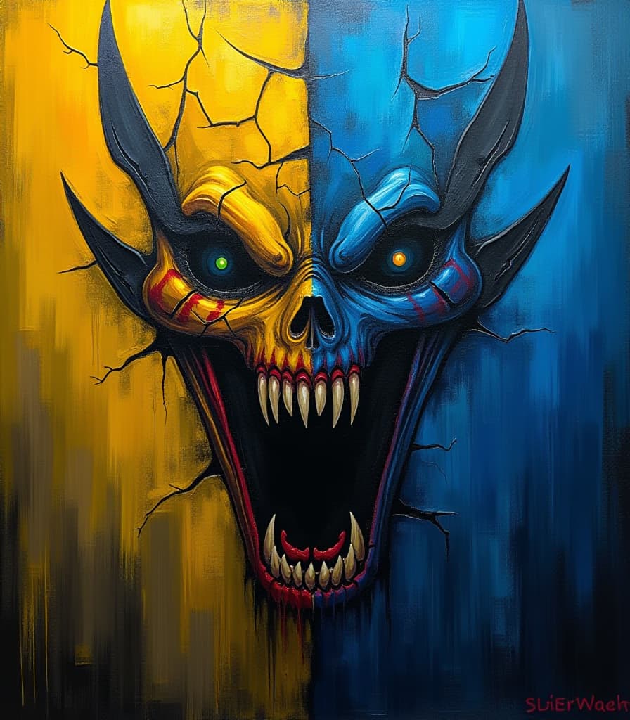  (palette knife oil painting:1.3), a canvas split horizontally, the top half glowing (vibrant yellow:1.2) and the bottom half a deep (mysterious blue:1.2), featuring (rough cracked texture:1.3) that enhances the eerie atmosphere. close up of (demonic features:1.3) emerging from the textured surface, including a (gaping mouth:1.1) filled with (venomous fangs:1.2). these (demonic elements:1.2) seamlessly blend with the top half's yellow and the bottom half's blue textures, creating a haunting visage. the energetic strokes of the palette knife evoke a (gloomy ambiance:1.3), reminiscent of works by (francisco goya:1.2), (h.r. giger:1.3), and (zdzisław beksiński:1.3) as the dark surrealism captures the viewer's attention, drawing them into a wo