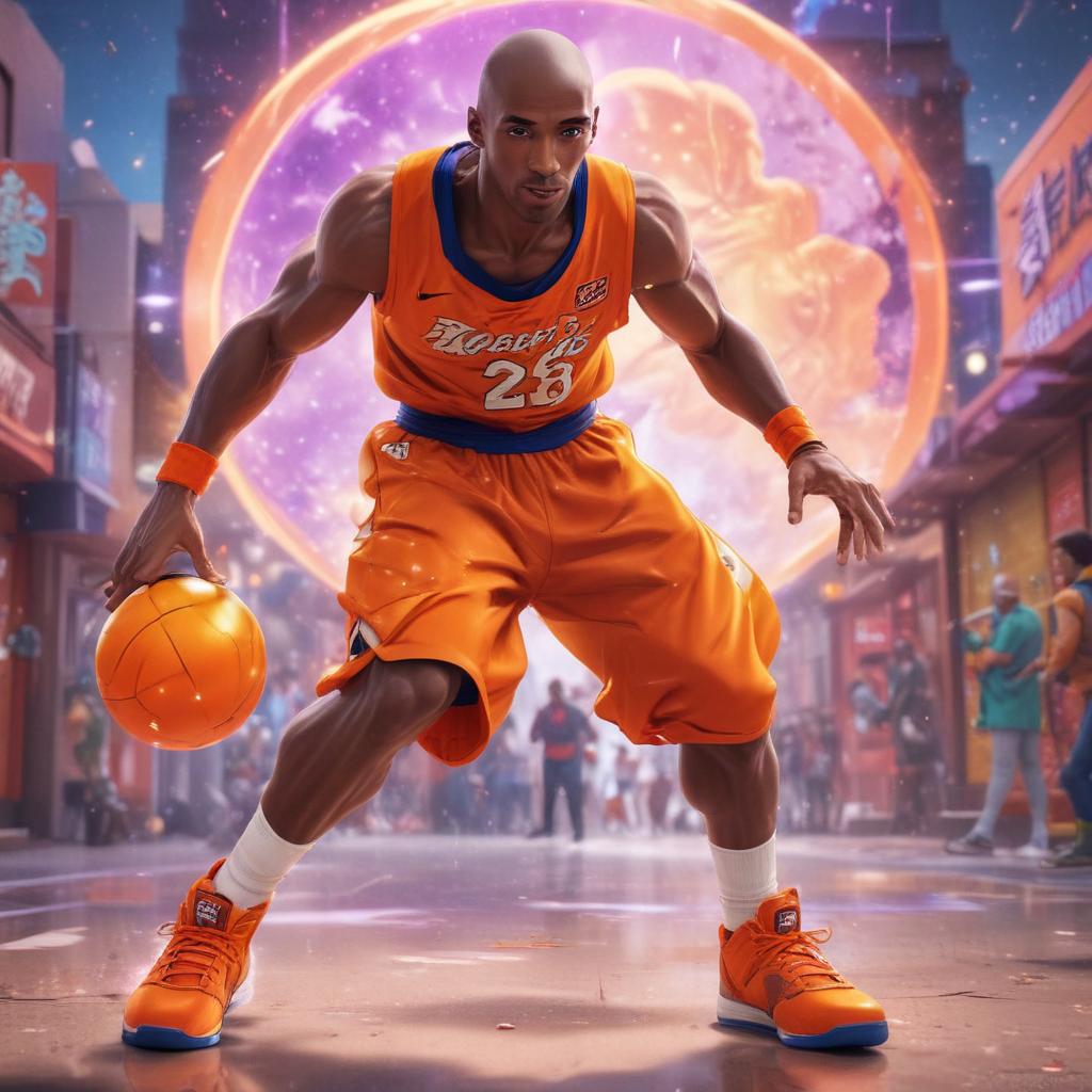 distance-shot, flashy, full-body, dynamic, holographic, animated cartoon poster of kobe scene in the style of dragon ball super