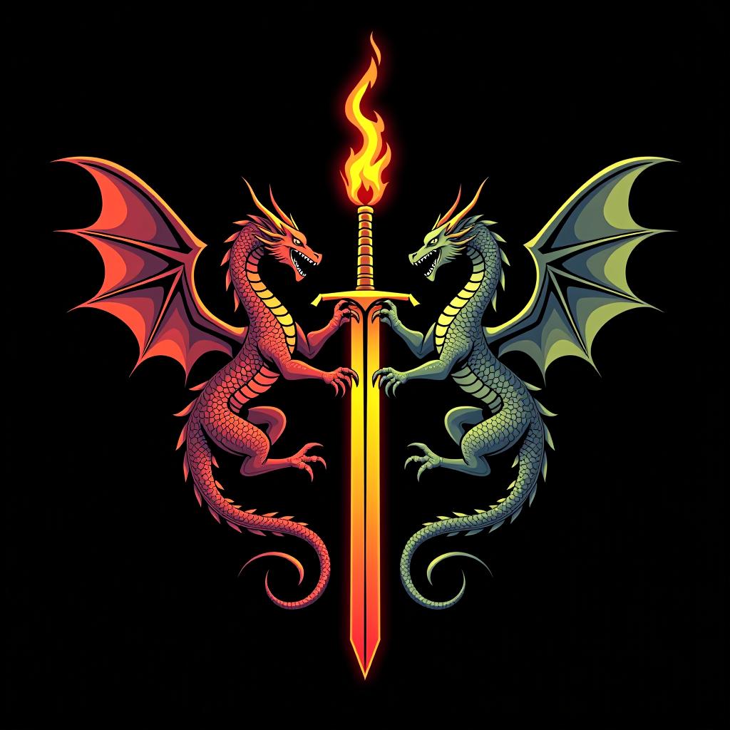  logo, custom sticker design on an isolated black background decorated by mythical dragons and a flaming sword