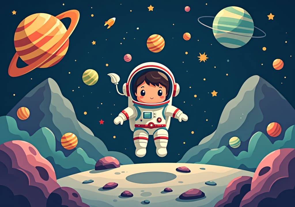  seamless space adventure with cute astronaut kids and colorful planets