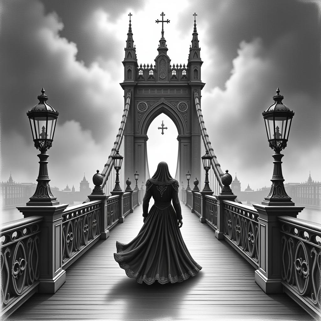  gothic style pencil drawing. peter the great bridge in st. petersburg. Монохром. . dark, mysterious, haunting, dramatic, ornate, detailed hyperrealistic, full body, detailed clothing, highly detailed, cinematic lighting, stunningly beautiful, intricate, sharp focus, f/1. 8, 85mm, (centered image composition), (professionally color graded), ((bright soft diffused light)), volumetric fog, trending on instagram, trending on tumblr, HDR 4K, 8K