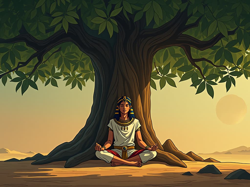  a young egyptian sage meditating under a sacred fig tree, an aura of calm and wisdom surrounding them, symbolizing the anchor of early spiritual awareness. the style is digital art illustration / modern comic book / mysterious occult, symbolic, esoteric vibe,high detail on character design, incorporating ancient egyptian symbology and attire.