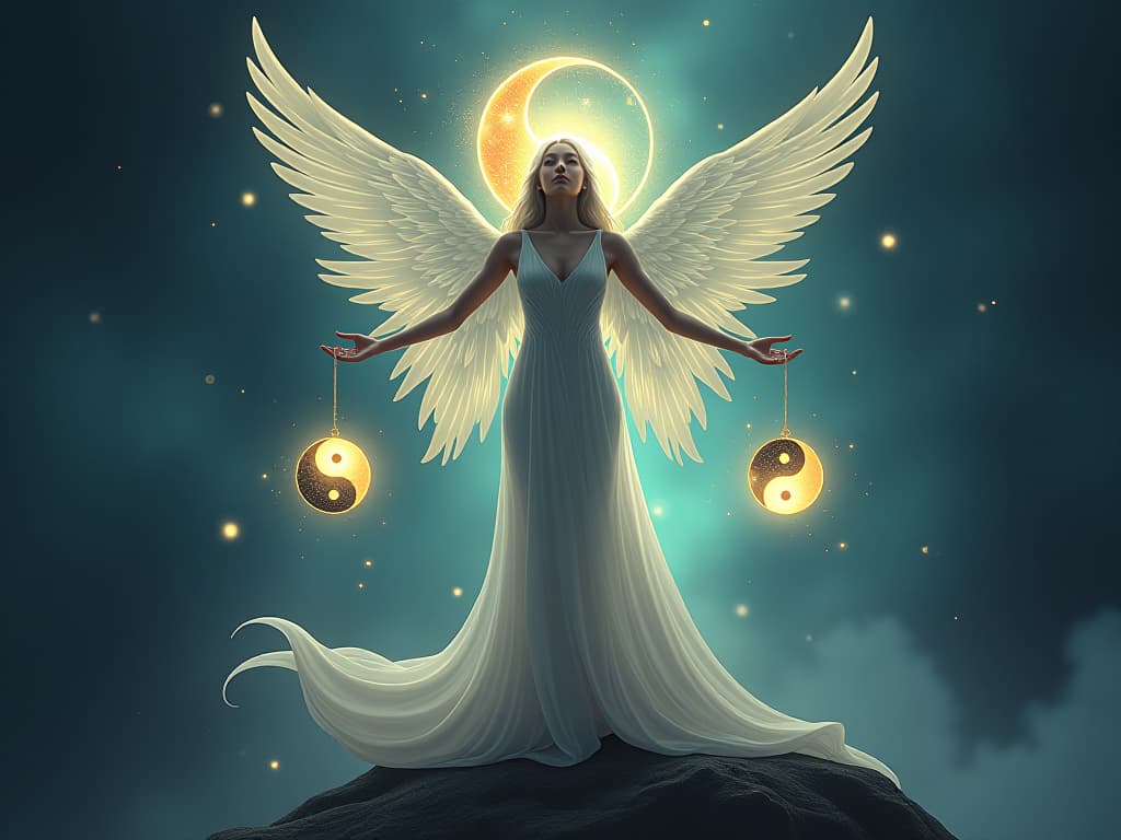  figurative representation of reclaiming energy restoring balance, an ethereal figure surrounded by glowing symbols of yin and yang.. the style is digital art illustration,highly detailed, whimsical,magical, dreamlike atmosphere, realism and fantasy blend, smooth, glossy textures,luminous quality, wonder and enchantment.