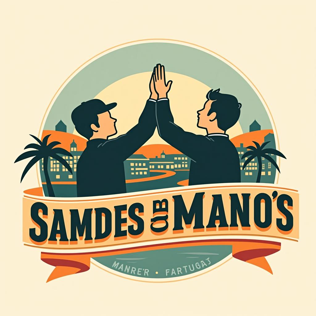  design a logo, in a threedrender style. the name is « sandes dos mano’s », this meaning sandwich of brother , and i have thinked in two brothers get a high five, with one sandwich , background a town like porto, portugal