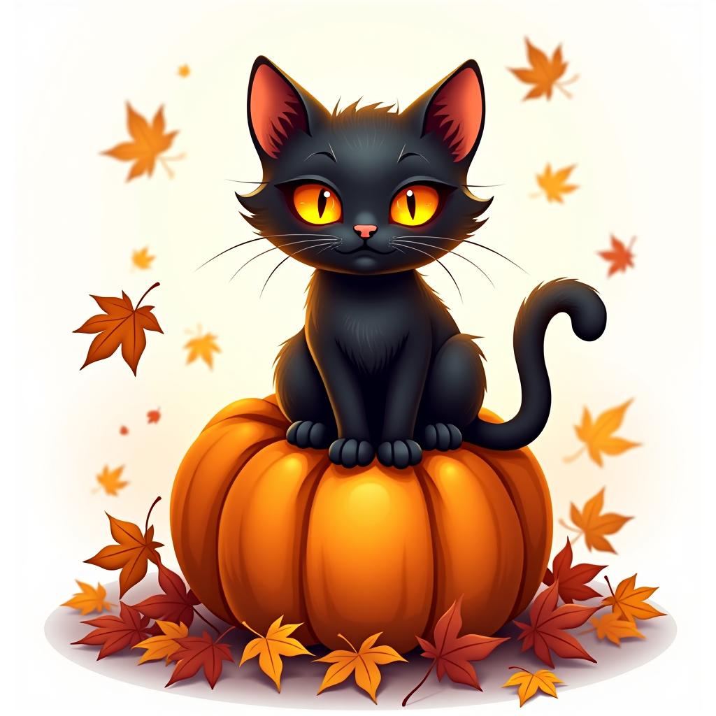  a cute black cat with glowing eyes sitting on a pumpkin, surrounded by swirling autumn leaves in a whimsical style, with warm, moody lighting. t shirt design, vector, contour, white background, no mockup hyperrealistic, full body, detailed clothing, highly detailed, cinematic lighting, stunningly beautiful, intricate, sharp focus, f/1. 8, 85mm, (centered image composition), (professionally color graded), ((bright soft diffused light)), volumetric fog, trending on instagram, trending on tumblr, HDR 4K, 8K