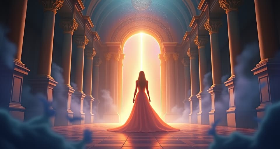  a figure with a radiant aura entering a grand hall in an ethereal palace. the ambiance instantly changes, magical creatures react, atmosphere shift, mystical energy.. the style is digital art illustration,highly detailed, whimsical,magical, dreamlike atmosphere, realism and fantasy blend, smooth, glossy textures,luminous quality, wonder and enchantment.