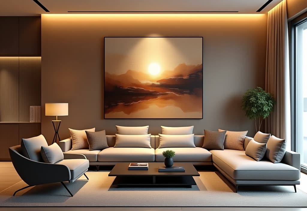  a landscape photo of a living room featuring a large abstract wall art piece in muted earth tones, complemented by sleek, low profile furniture and warm ambient lighting hyperrealistic, full body, detailed clothing, highly detailed, cinematic lighting, stunningly beautiful, intricate, sharp focus, f/1. 8, 85mm, (centered image composition), (professionally color graded), ((bright soft diffused light)), volumetric fog, trending on instagram, trending on tumblr, HDR 4K, 8K