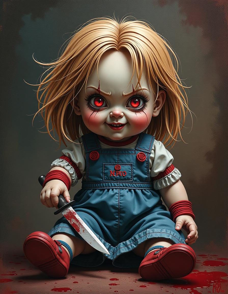  horror themed (masterpiece, oil painting, brushstrokes, splashes of paint:1.4). (comic book style:1.2). a children's scary doll "daisy" with a knife, sparse hair and evil eyes from horror movies. high resolution. high detail. increased attention to small details . eerie, unsettling, dark, spooky, suspenseful, grim, highly detailed