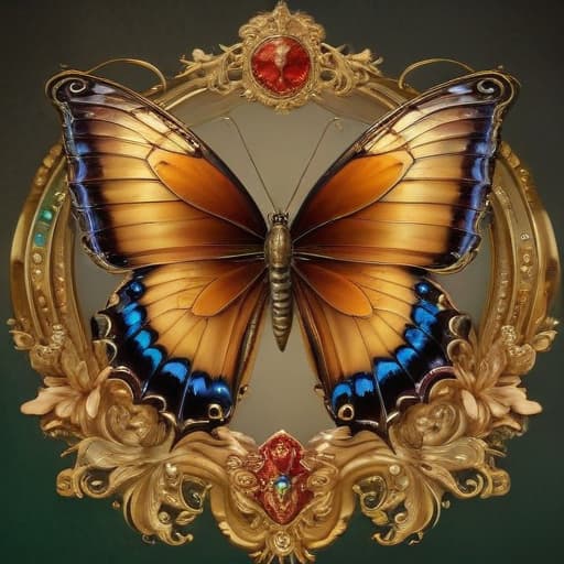 The family crest features a prominent butterfly motif symbolizing transformation, growth, and prosperity. The intricate design showcases the butterfly's delicate wings spanning wide, signifying the family's reach and influence in the trading world. However, amidst the beauty of the butterfly, there are subtle hints of chains or shackles intertwined with the design, representing the exploitation of workers in their pursuit of wealth and success. The colors used are rich and opulent, reflecting the family's prosperity and high status in the trading business. The background may consist of gold, symbolizing wealth and abundance, while the butterfly itself is adorned with vibrant hues to convey a sense of elegance and sophistication. Overall, 