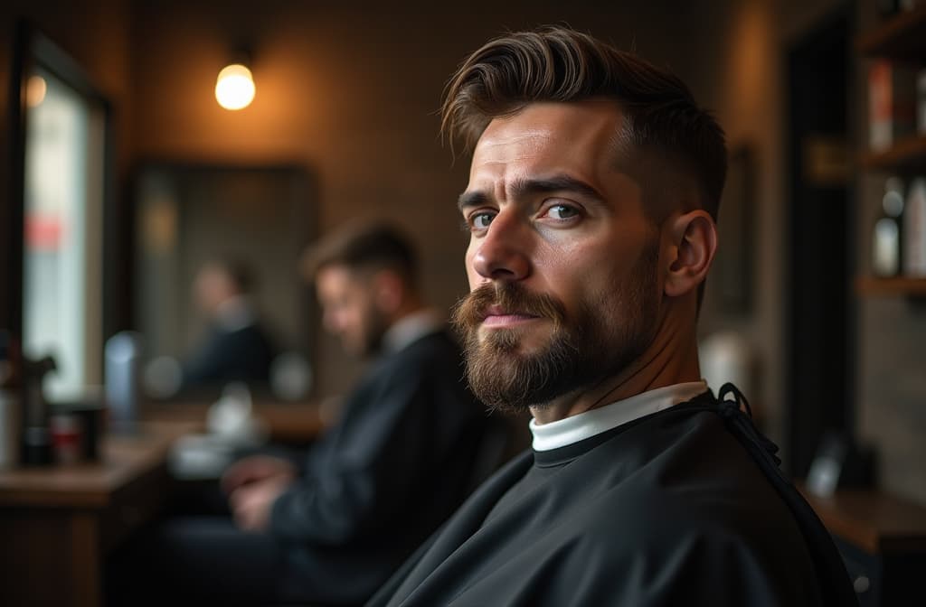  professional detailed photography, barbershop, charismatic man with beard and moustache against the background of a modern interior in dark tones, interior of a modern barbershop ar 3:2, (muted colors, dim colors, soothing tones), (vsco:0.3)