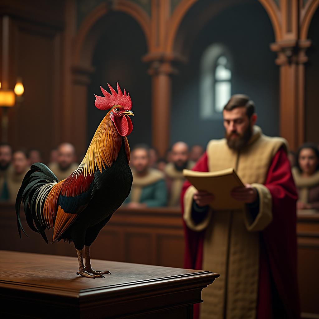  create a high quality, photorealistic image that vividly depicts the following scene: "renaissance era tribunal scene, with an earnest rooster stationed majestically on the testimony stand. the rooster displays intricate feathers, its stare wide yet brave under the intense illumination of courtroom's flaming torch. among a group of flabbergasted onlookers, all garbed in period attire, a focused magistrate clad in customary vestment reads from a scroll, his face reflecting an unlikely blend of severe trustworthiness and muted preposterousness, underneath a grandiose timber arch. captured via red weapon camera, 8k, hdr, applying a depth of field that gently blurs out the spectators, while highlighting the rooster, with camera settings at hyperrealistic, full body, detailed clothing, highly detailed, cinematic lighting, stunningly beautiful, intricate, sharp focus, f/1. 8, 85mm, (centered image composition), (professionally color graded), ((bright soft diffused light)), volumetric fog, trending on instagram, trending on tumblr, HDR 4K, 8K