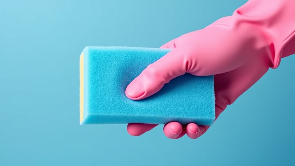  blue cleaning sponge and hand with pink cleaning glove 2