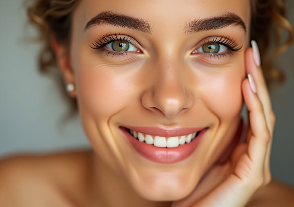  beauty close up portrait of young woman with a healthy glowing skin is applying a skincare product.