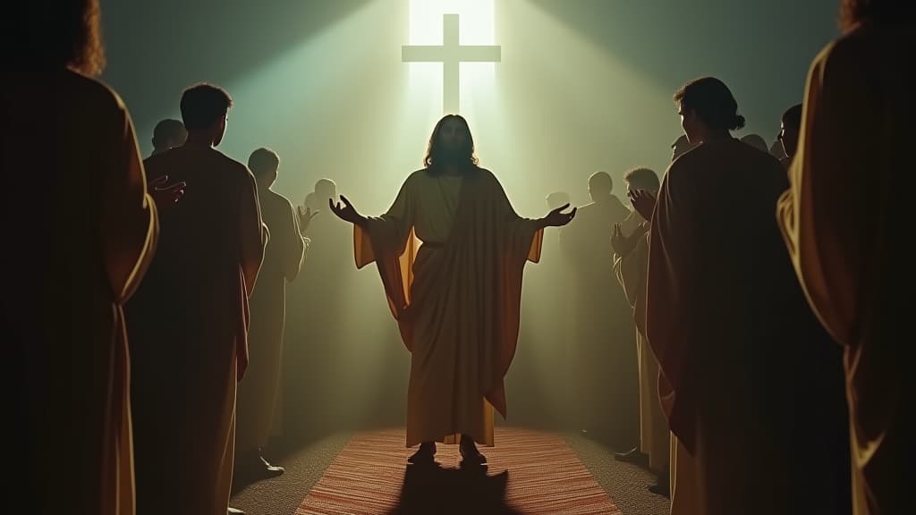  an insightful depiction of early christian worship practices surrounding the figure of jesus. hyperrealistic, full body, detailed clothing, highly detailed, cinematic lighting, stunningly beautiful, intricate, sharp focus, f/1. 8, 85mm, (centered image composition), (professionally color graded), ((bright soft diffused light)), volumetric fog, trending on instagram, trending on tumblr, HDR 4K, 8K