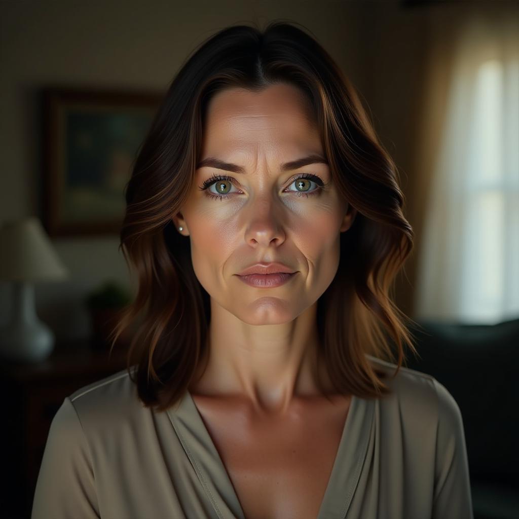  rachel moore: "a hyper realistic headshot of a caucasian female in her mid 30s with shoulder length wavy brown hair, deep green eyes, and a somber expression. she is looking directly into the camera with an intense, thoughtful gaze. she is wearing a simple blouse, with a soft blur of an indoor home setting in the background, slightly dimly lit.", high quality, high details, hd, perfect composition, 4k epic detailed, highly detailed, sharp focus, high resolution