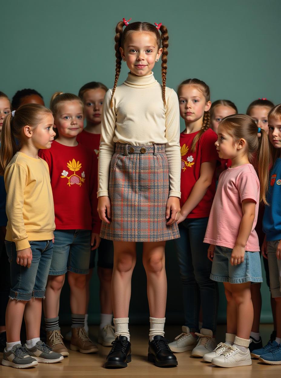  close up shot, the annual second grade group photo at a swedish . a very tall figure dominates the frame, a first grade girl named ola. with freckles dusting her face, gigantic ample , extremely long, toned legs and ponytail adorned with colorful ribbons, ola stands with her feet apart, amidst her clmates. her daring tight turtleneck with stylish patterned pencil , paired with black balenciaga sneakers and chunky jewelry and very high heels, clashes with the casual uniforms of her rs. despite her young age, ola's height is astonishing; she almost reaches the ceiling, casting long shadows that envelop those around her. her clmates, a mix of scared s and girls, huddle together, fear etched on their face