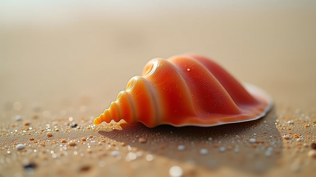  close up macro shot of a vibrant cowrie shell on a sandy beach, nature photography background wallpaper.