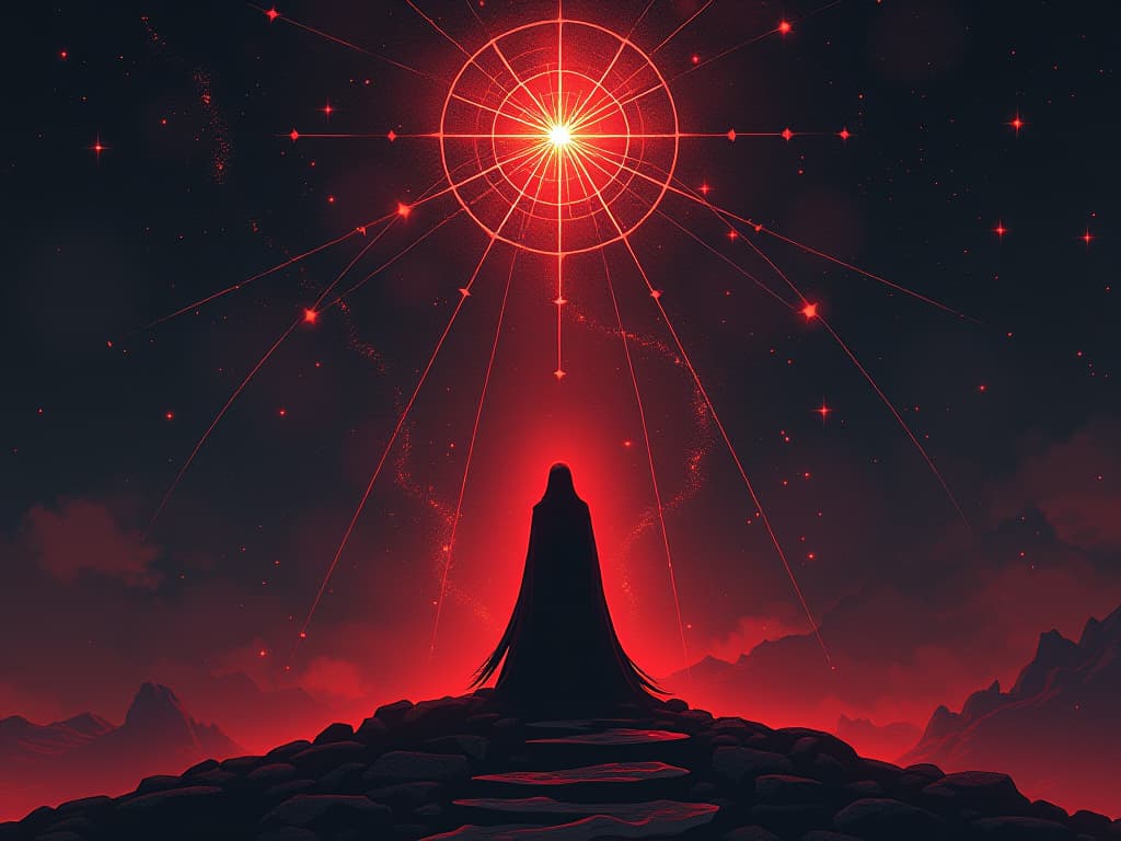  celestial alignment, stars forming sacred shapes, affirmation of divine path. the style is digital art illustration / modern comic book / graphic dark novel fantasy and mysterious occult, symbolic, moody lighting, esoteric vibe,high detail on character design. for the color scheme emphasize blacks and reds.