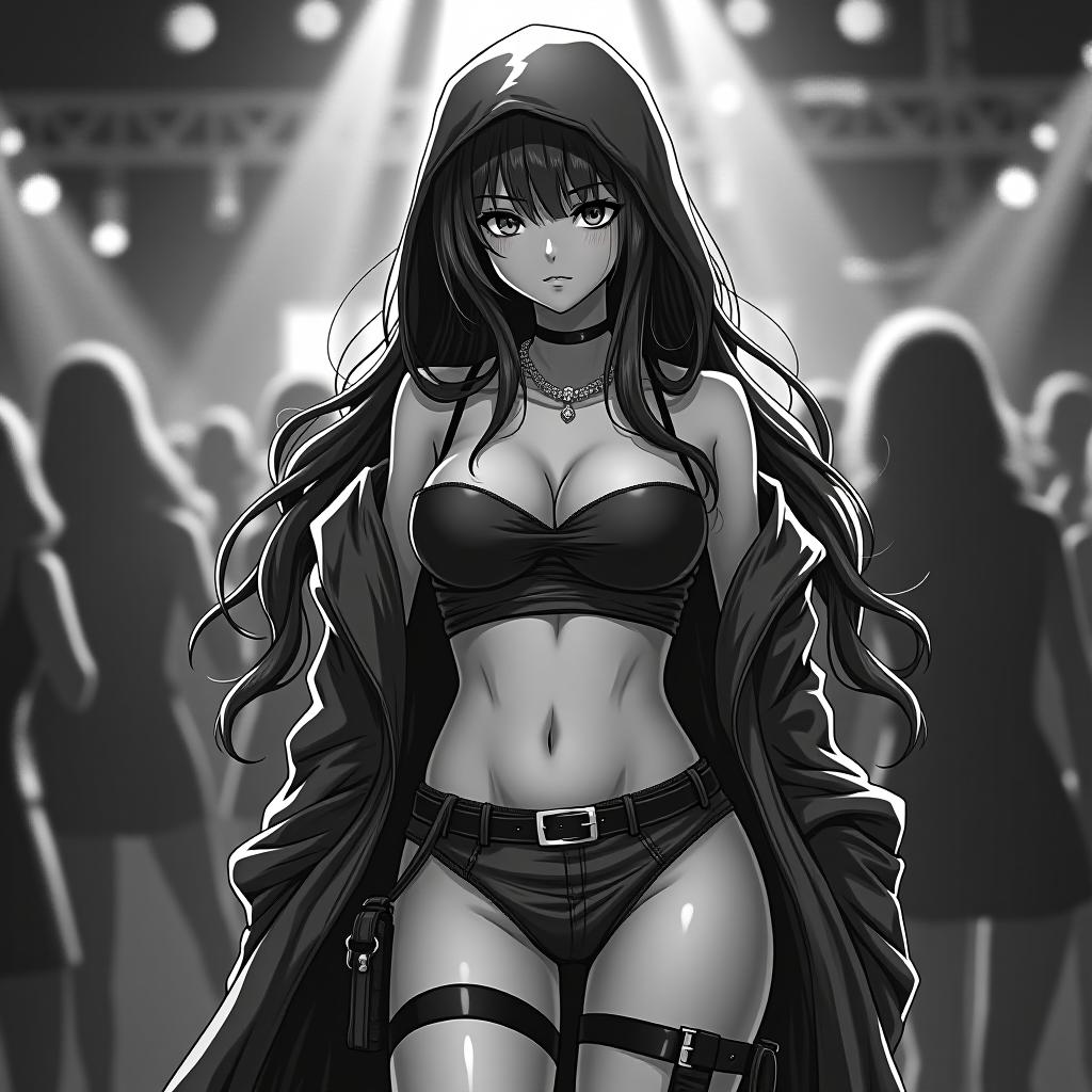  manga style girl, hot, long hair wrapped in a coward with a microbikin of boots, full growth in a nightclub, black white vector 2d . vibrant, high energy, detailed, iconic, japanese comic style hyperrealistic, full body, detailed clothing, highly detailed, cinematic lighting, stunningly beautiful, intricate, sharp focus, f/1. 8, 85mm, (centered image composition), (professionally color graded), ((bright soft diffused light)), volumetric fog, trending on instagram, trending on tumblr, HDR 4K, 8K