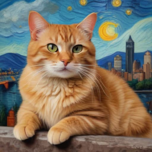 Catnib in Van Gogh style with City background