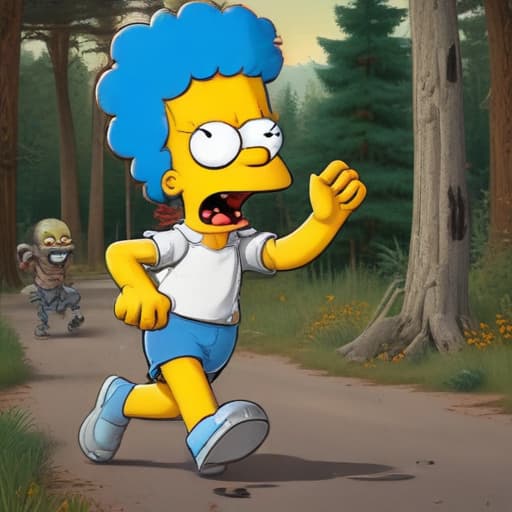 Homer Simpson running from Bart, Marge, and Lisa as zombies in Cartoon style with Forests background