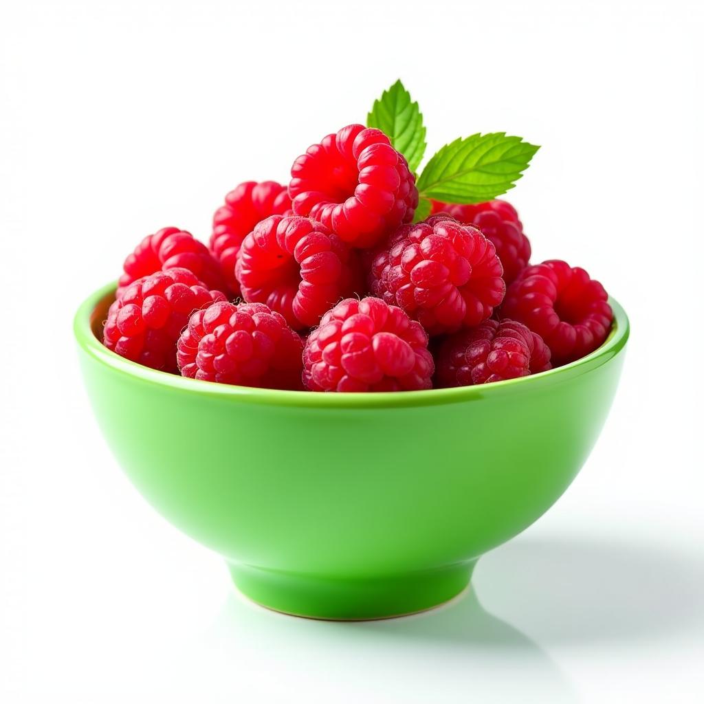  fresh raspberries in a green bowl, isolated on white background, vibrant and juicy, vibrant, high quality, high details, hd, perfect composition, 4k epic detailed, highly detailed, sharp focus, high resolution