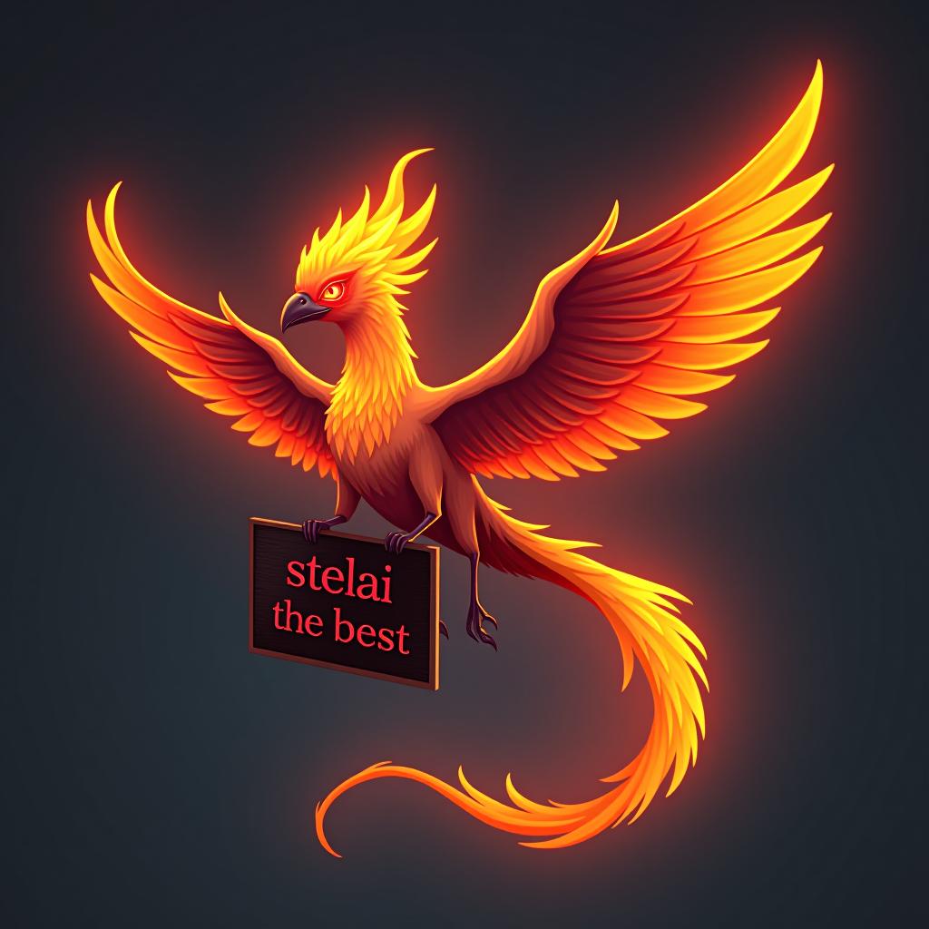  phoenix, orange neon fire on head, long tail, red fiery eyes, 2 large wings, holding a sign by its feet while flying saying "stelai the best"